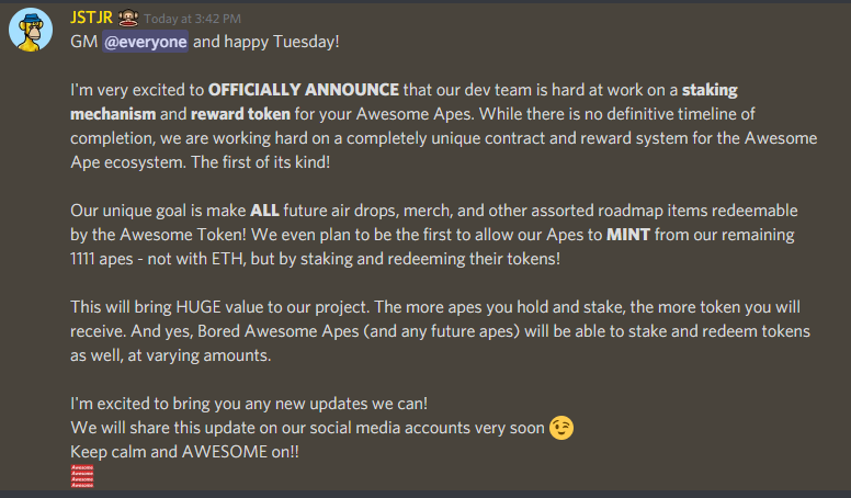 AwesomeApesNFT's tweet photo. HUGE update today from big boss @JSTJR 👀
Staking is COMING 🏝️🚀
&amp; the token redemptions will be... well, AWSOME.
Join the discord: https://t.co/Ug3dLsZXmG
and make sure to grab yourself an ape if you havent!!
https://t.co/5ZLqrtkYZq https://t.co/wKIhRU1G9A