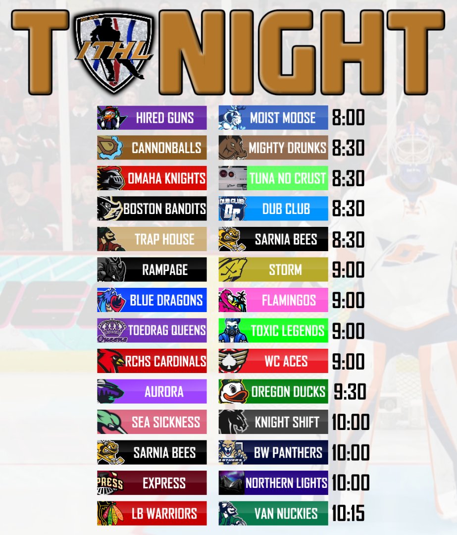 A whole lot of action tonight.. 14 sets of games! 

Stream links can be found in our discord:
discord.gg/4kSVAGmQ

📊STATS/STANDINGS: icetilthockeyleague.com