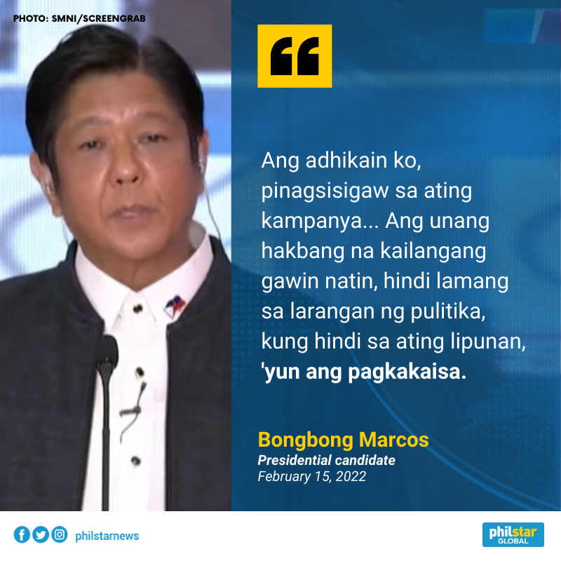 PhilstarNews's tweet photo. 'PAGKAKAISA'

This was the response of Bongbong Marcos when asked why should the Filipino people trust you with their future in the next six years. #BilangPilipino2022 https://t.co/9IdIWdmYF5