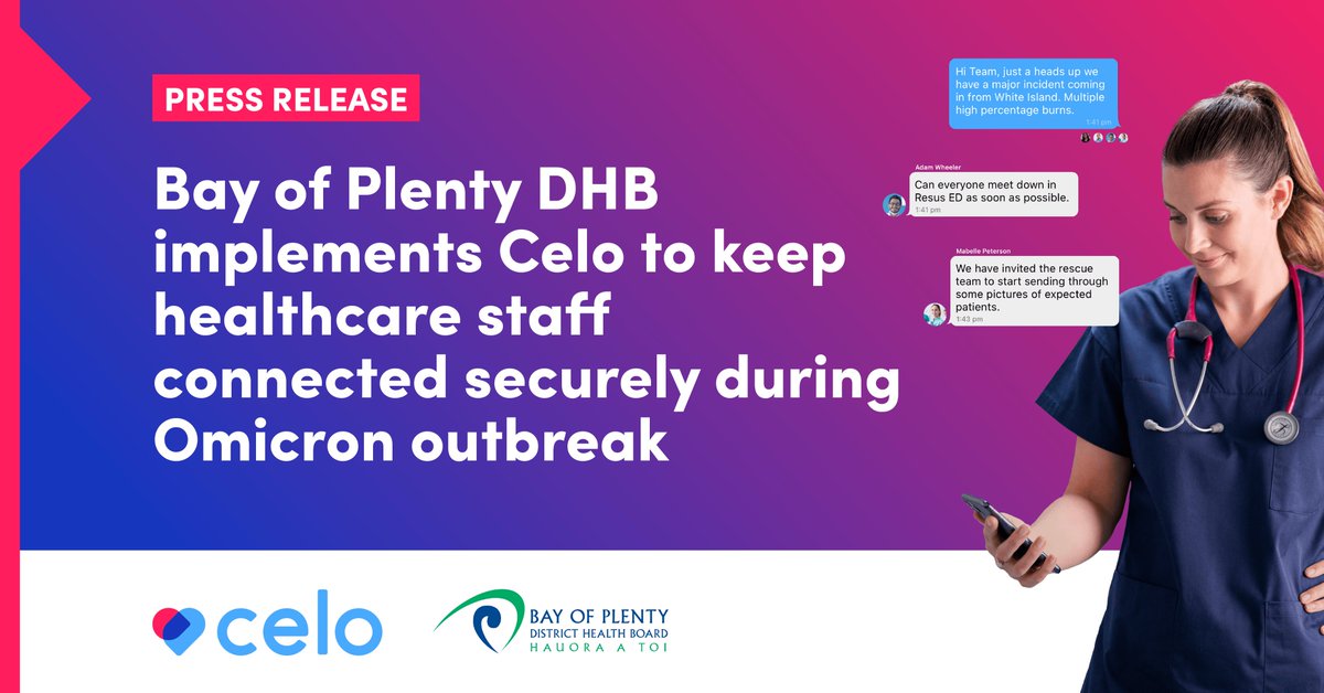 celohealth's tweet photo. We are delighted to be working with @BOPDHB as they implement Celo to ensure their staff stay connected securely in preparation for the Omicron outbreak. Read the full press release here: https://t.co/6v5kDNKbmH

#bayofplentydhb #omicron #securemessaging https://t.co/vs9Q4DB2lV
