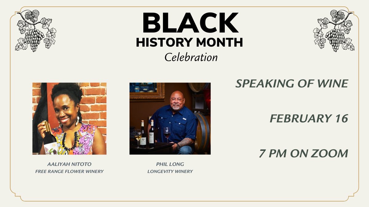 LivLibrary's tweet photo. 2/16/22 @ 7PM: Local #BlackWineMakers Aaliyah Nitoto, co-founder of #FreeRangeFlowerWinery, & Phil Long, founder of #LongevityWines, will tell you about the key to #winemaking success. π·ππππ·
#BlackHistoryMonth #BIPOCowned #LivermoreWineCountry #LivermorePublicLibrary https://t.co/IYlCbr9pF9