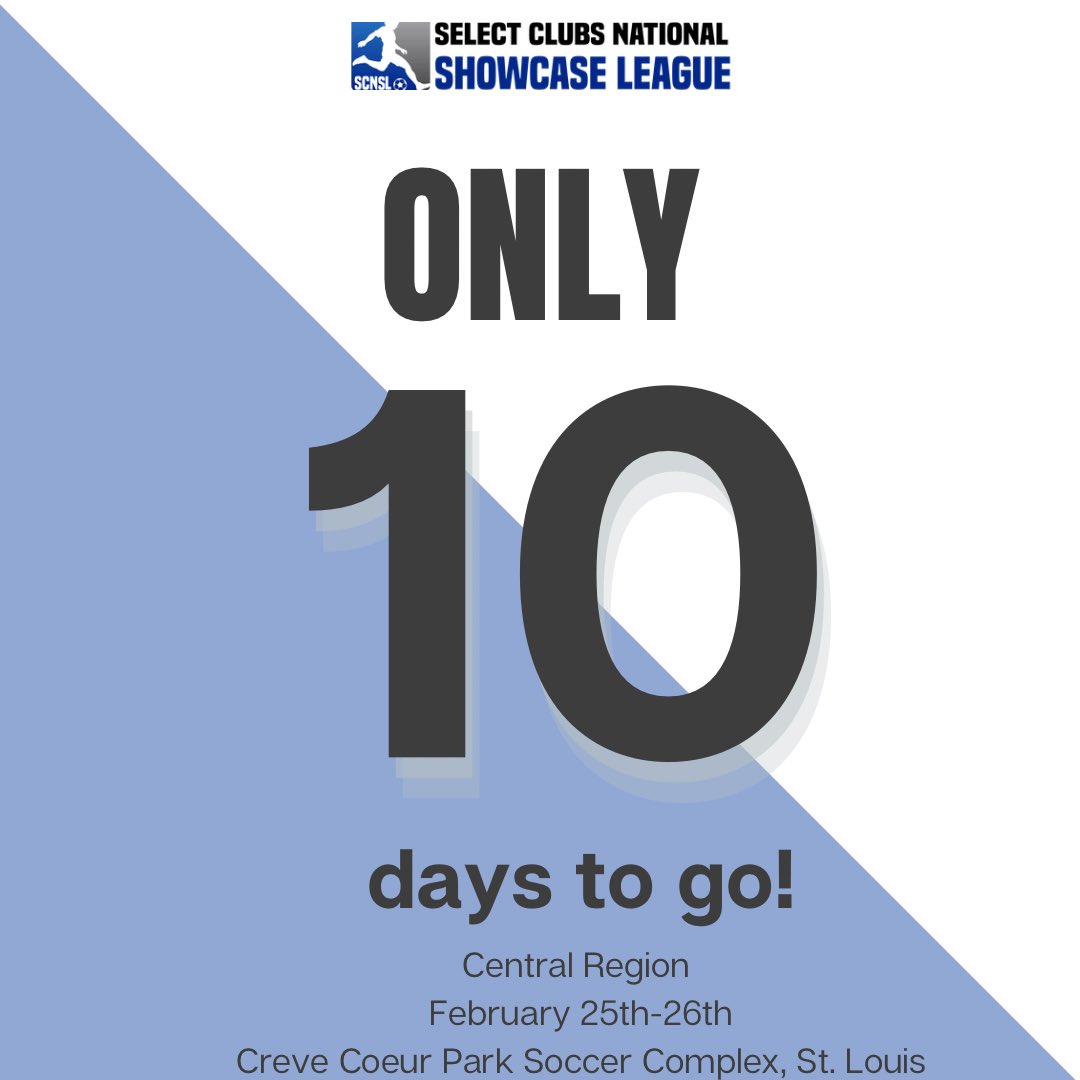 10 Days to go until the first #SCNSL event of the year! Catch the Central Region teams compete at the Creve Coeur Park Soccer Complex, February 25-27. Stay tuned for more information on this event!