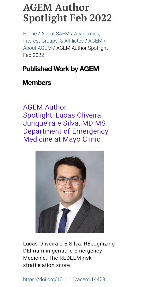 AGEM (@agem_saem) on Twitter photo New February AGEM Author Spotlight
*Lucas Oliveira J E Silva: REcognizing DElirium in geriatric Emergency Medicine: The REDEEM risk stratification score*
Congratulations to <a href="/lucasojesilva12/">Lucas Oliveira J. e Silva (Lucas Silva)</a> and coauthors! <a href="/MayoClinicEM/">Mayo Clinic Emergency Medicine</a>
tinyurl.com/nhfp34dp New February AGEM Author Spotlight
*Lucas Oliveira J E Silva: REcognizing DElirium in geriatric Emergency Medicine: The REDEEM risk stratification score*
Congratulations to <a href="/lucasojesilva12/">Lucas Oliveira J. e Silva (Lucas Silva)</a> and coauthors! <a href="/MayoClinicEM/">Mayo Clinic Emergency Medicine</a>
tinyurl.com/nhfp34dp