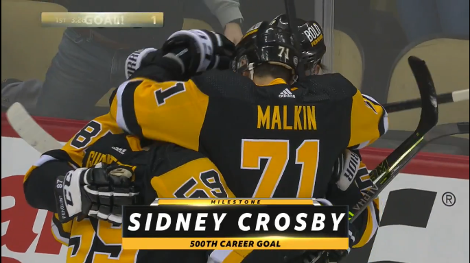 Alexpovic's tweet image. Sidney Crosby scores his 500th goal  against Flyers