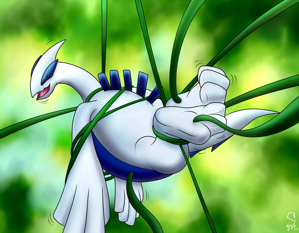 Close up of the Pokémon lugia focusing on the feet in a blue sky background