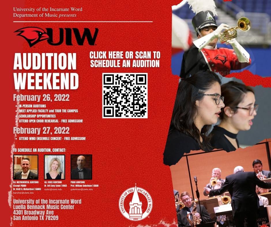 UIWBands's tweet photo. Come join us in Fall 2022!

We are holding our IN-PERSON Audition Weekend at UIW on February 26-27, 2022 and still have slots available for incoming freshmen/transfers for Fall 2022. https://t.co/sinR8Tov3G
