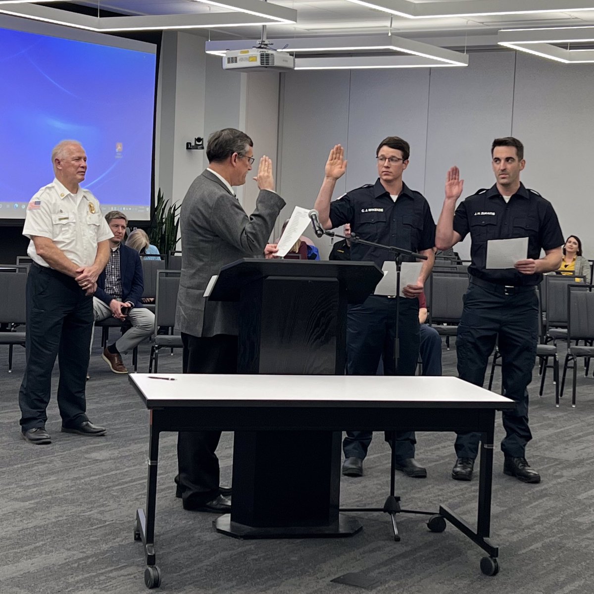 CityofPapillion's tweet photo. .@dpblack swears in Christian McKenzie and Jack Zukaitis to @PapillionFire during tonight’s Papillion City Council meeting. Welcome to our team! https://t.co/Vta3HvxP7h