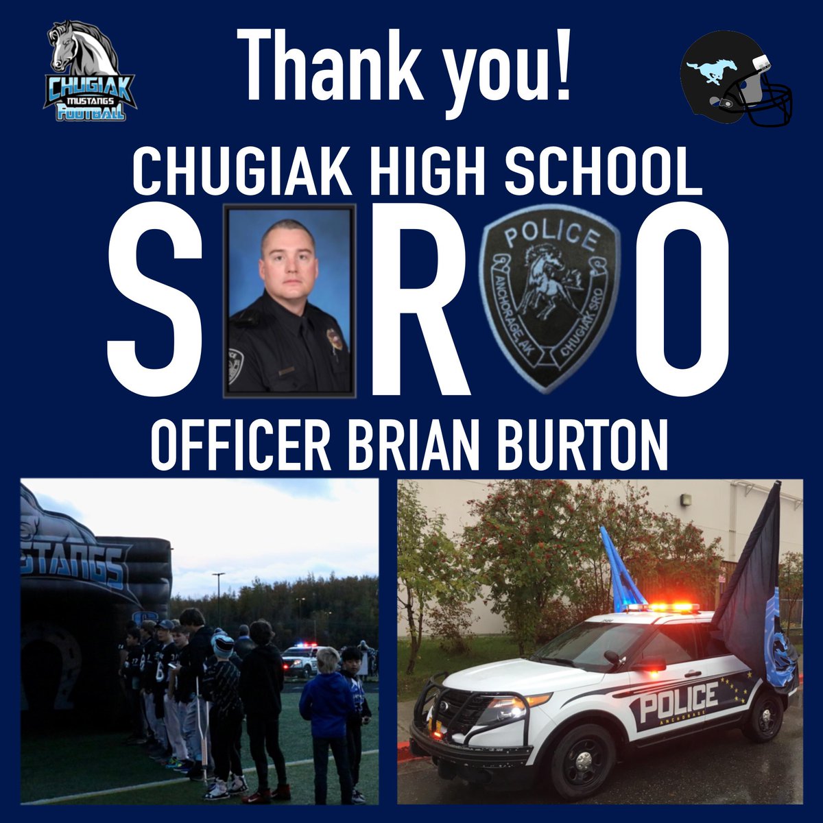 Chugiakfootball's tweet photo. Today’s National School Resource Officer Appreciation Day… & boy do we appreciate ours! Not only is he dedicated to the cause, he’s part of our Football Family! A BIG THANK YOU Ofc Burton for all you do! #mustangsstrong #sro #sroappreciationday #mustangsfootball #chugiakmustangs https://t.co/eC7g3qP0Br