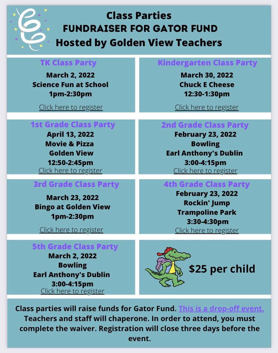 FundGator's tweet photo. Don’t forget to buy a ticket(s) and register for Grade Level Parties! #GoldenView #GatorFund  https://t.co/TKsbNzpCzK https://t.co/UsuDN9Nwac