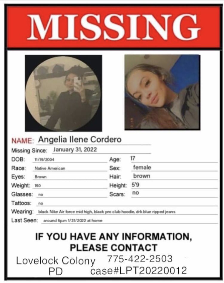 🛑MISSING🛑
ANGELIA CORDERO

MISSING FROM AROUND LOVELOCK COLONY, NEVADA / SCHURZ, NEVADA
SHE IS SUQUAMISH AND PAIUTE
#mmiw #mmiwusa #mmiwg #missingandexploitedchildren #findourmissingpoc #findourgirls #nevada #mmiwnevada #missinginnevada #NativeTwitter