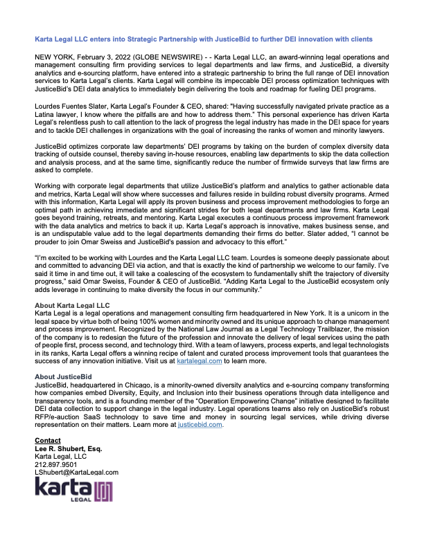 JusticeBid &amp; Karta Legal LLC announces a strategic partnership. These two minority-owned legal tech companies are teaming to address the Diversity, Equity &amp; Inclusion challenges in the legal industry.