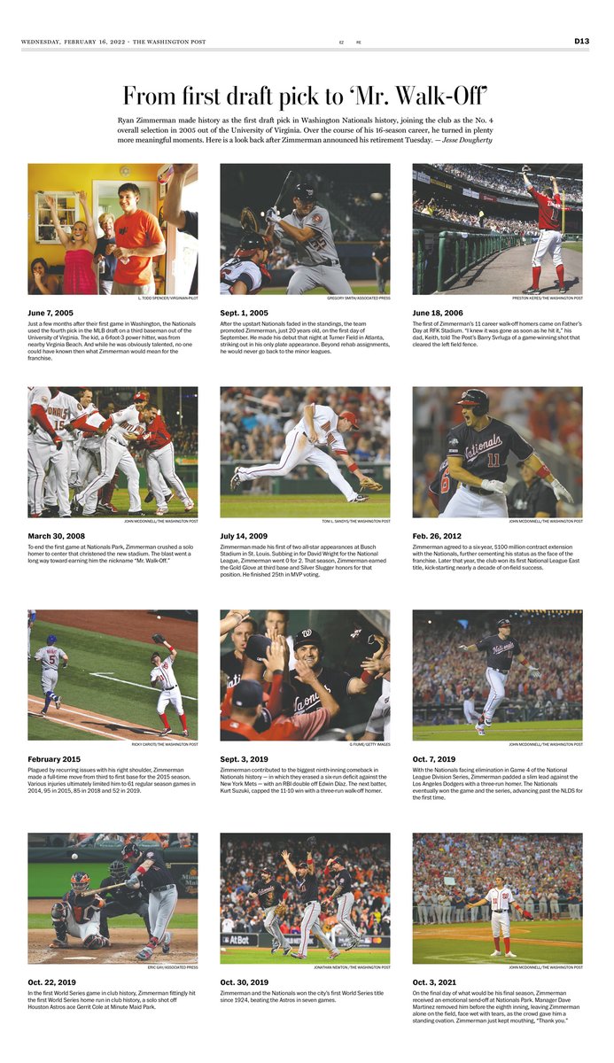 briannaschroer's tweet photo. Ryan Zimmerman made history as the first draft pick in Washington Nationals history. He helped the Nats win the 2019 World Series. Tuesday, his career in DC came to an end when he announced his retirement.

A look back at Zimmerman's illustrious career in Wednesday's @postsports: https://t.co/4LvLg3wepz