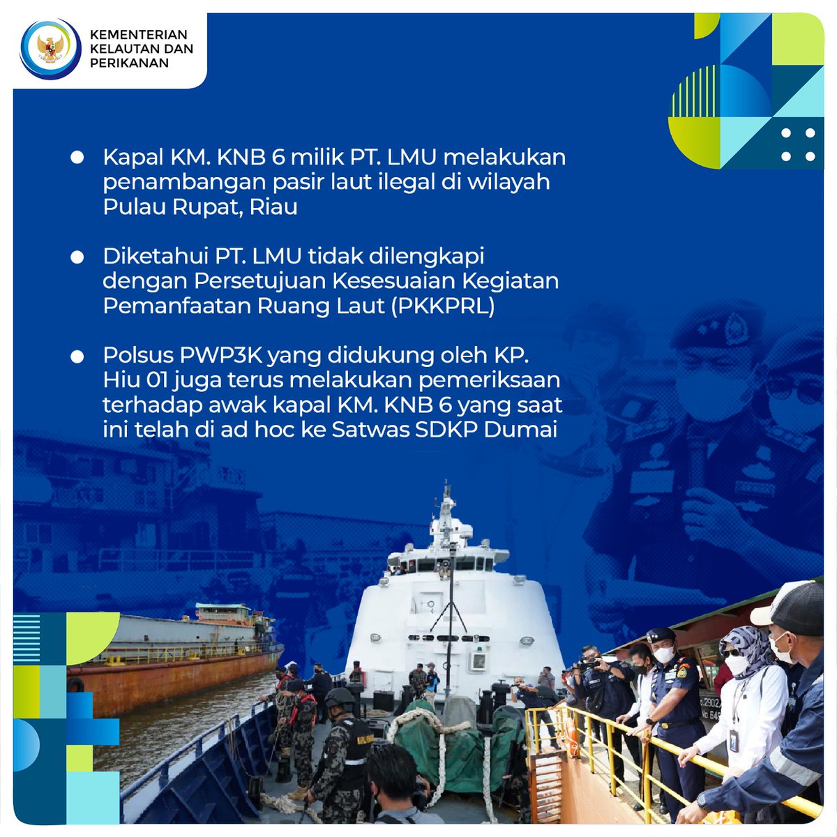 Diketahui Kapal KM. KNB 6 milik PT. LMU ini terbukti melakukan pelanggaran dengan tidak dilengkapi surat Persetujuan Kesesuaian Kegiatan Pemanfaatan Ruang Laut (PKKPRL).

#StopTambangPasirIlegal #KKPAccelerate #SaktiWahyuTrenggono