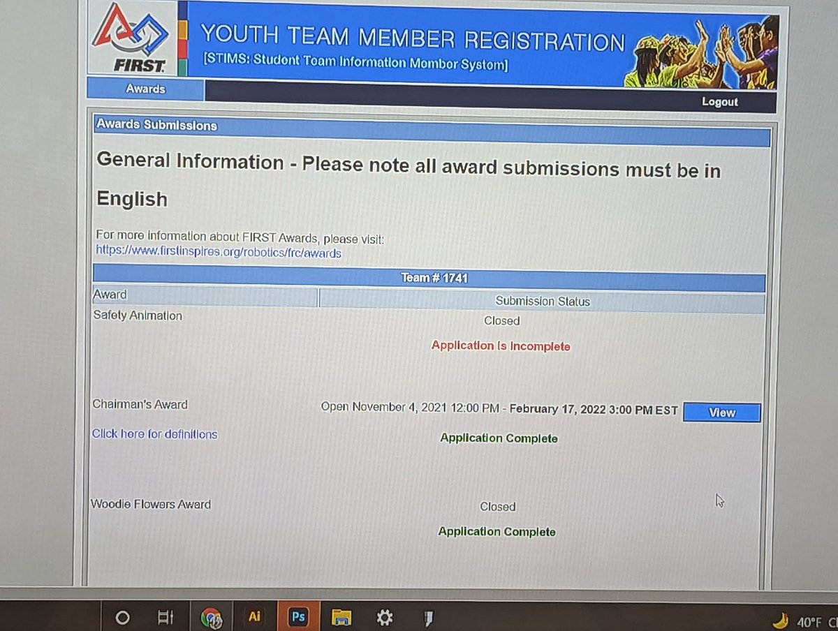 Tonight we submitted our 2022 Chairman's Award! This was truly a team effort from running events to writing all the essays. Thank you to our entire team for all your hard work! #omgrobots #friendswithrobots #FIRST #FRC