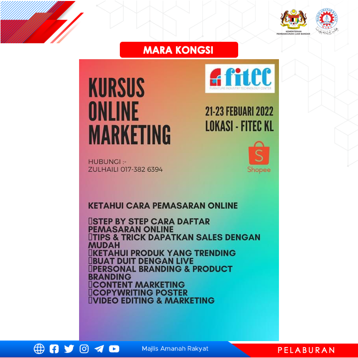 maragov's tweet photo. Ketahui Cara Pemasaran Online dengan menyertai kursus anjuran Furniture Industry Technology Center (FITEC) pada 21 - 23 Februari 2022.
Maklumat lanjut sila hubungi 017-3826394 (Zulhaili)
#mara #amanahrakyat #FITEC #KPLB #LuarBandarSejahtera https://t.co/HyakW50lBc