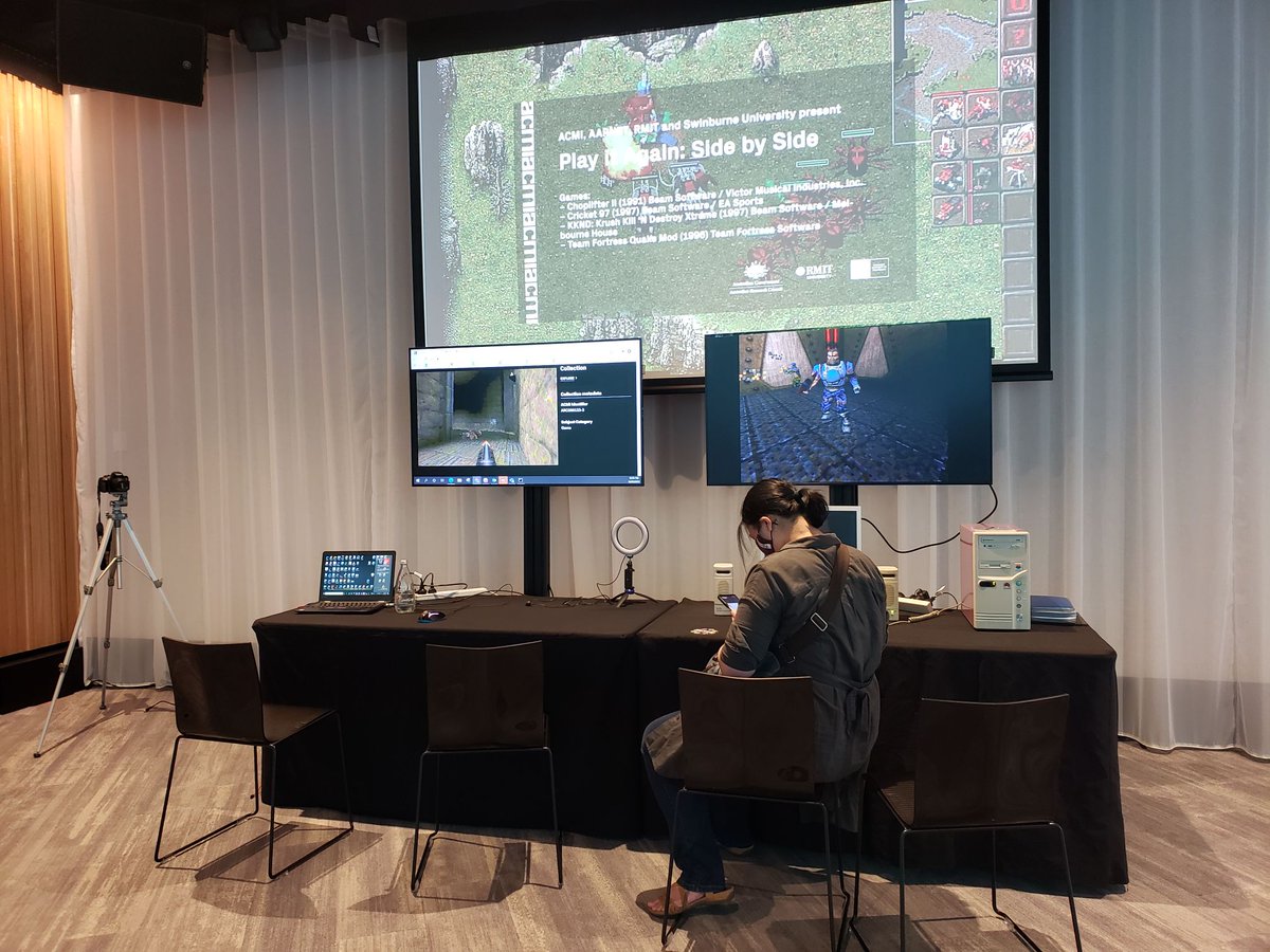 AgainPlay's tweet photo. "Side by Side" is an Expo showing 4 games from our team's project running on original hardware next to it running in EaaSI (Emulation as a Service Infrastructure). It's open for 3 days @ACMI for those in Melbourne. Pics for those not: #BDCH22 #gamehistory https://t.co/Ck5eJ8Netw https://t.co/Y55pAHiRF3