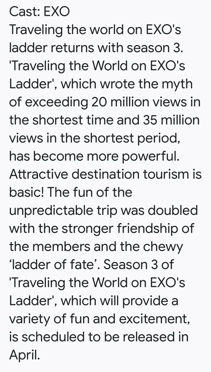 Exol__hub's tweet photo. According to various articles, ‘Travel the World on EXO’s Ladder Season 3’ is included in OTT platform Wavve’s 2022 lineup~! ㅠㅠ

Will we really be getting a new season of EXO Ladder this year? 😭🙏🏼
#weareoneEXO https://t.co/EPyzAfeF8j