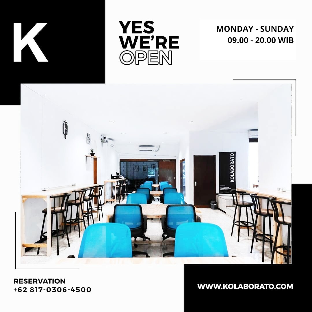 Hello #Koworkers! 
Selama PPKM Level 3, KOLABORATO tetap buka seperti biasa dari jam 09.00 - 20.00 wib.
Mohon tetap patuhi protokol kesehatan yang berlaku. Cek suhu tubuh sebelum masuk ruangan dan jangan lupa untuk selalu menggunakan masker dan selalu menjaga jarak.