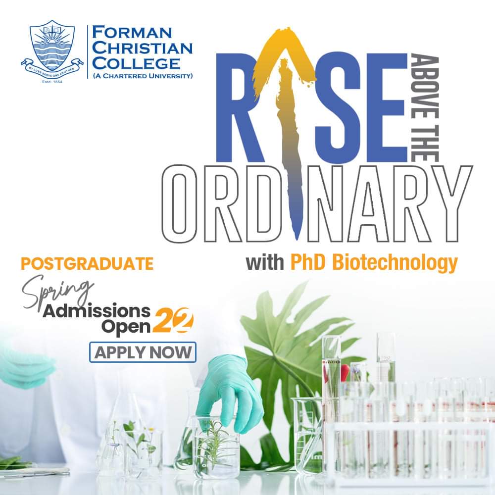 FCCollege's tweet photo. The programs offered by the Biotechnology Department at FCCU are centered around advanced research and a robust academic experience, delivered through faculty of the highest caliber. Apply now!

Apply online here: https://t.co/yxBGtKJ3cS

#Admissions2022 #JoinFCCU #University https://t.co/3DCKvyUzuZ