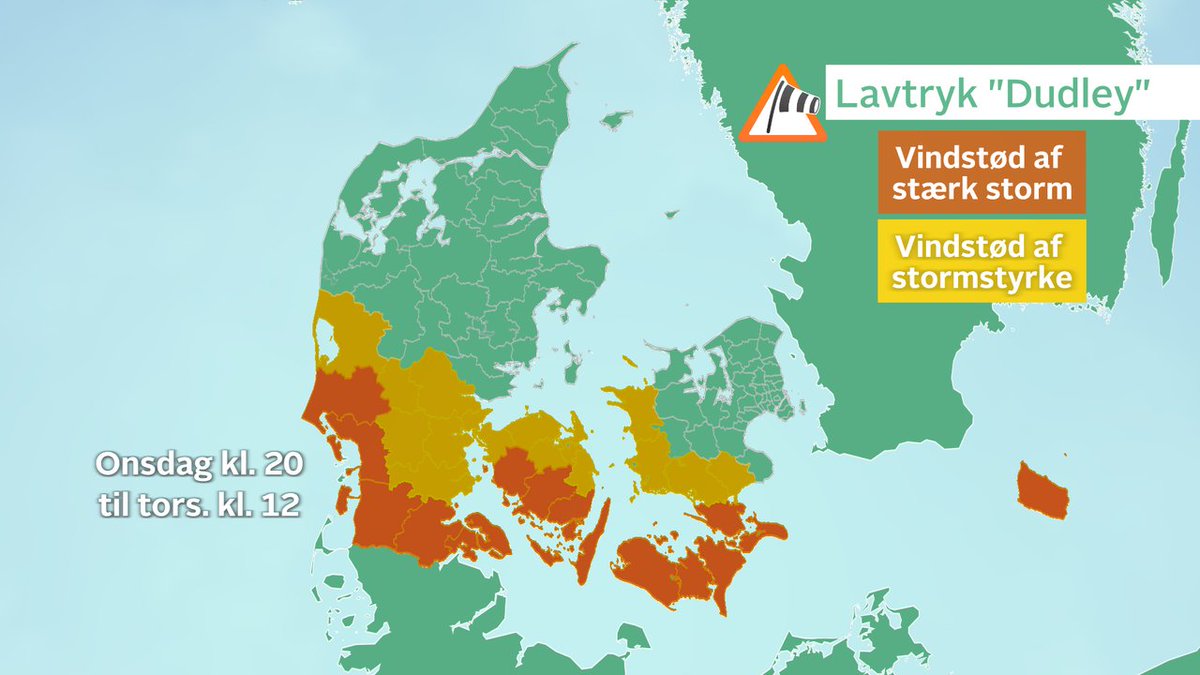 TV 2 Vejret varsler vindstød af stærk storm og stormstyrke, gældende fra sent i aften og frem til i morgen formiddag. Det er de sydlige egne der bliver berørt at kraftig blæst, når lavtrykket "Dudley" passerer nord om Danmark i nat.  #tv2vejret #vejr #dkvejr