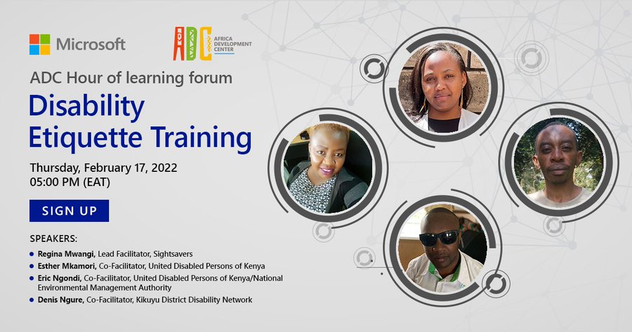 TripsWithCare's tweet image. This month’s edition of the @MicrosoftADC #HourOfLearning will be highlighting how society can be more inclusive for people living with disabilities.

Be sure to join the discussion ➡️ msft.it/6015wJqSN

🗓️ Thursday 17th February, 2022
4PM – 5PM (EAT)