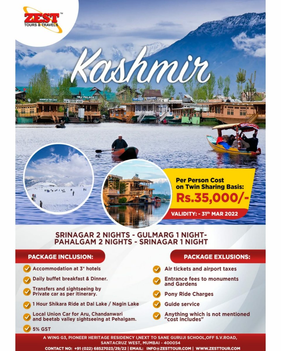 ToursZest's tweet photo. Jannat E Kashmir - Heavenly Land

#beauty #dallake #beautyaddict #gulmarg #kashmirdairies #srinagarkashmir #pahalgam #sonmarg #houseboat

For more details contact / DM us https://t.co/rcUqLYoGQi