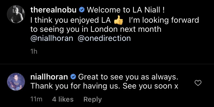 Niall commented on therealnobu Instagram post