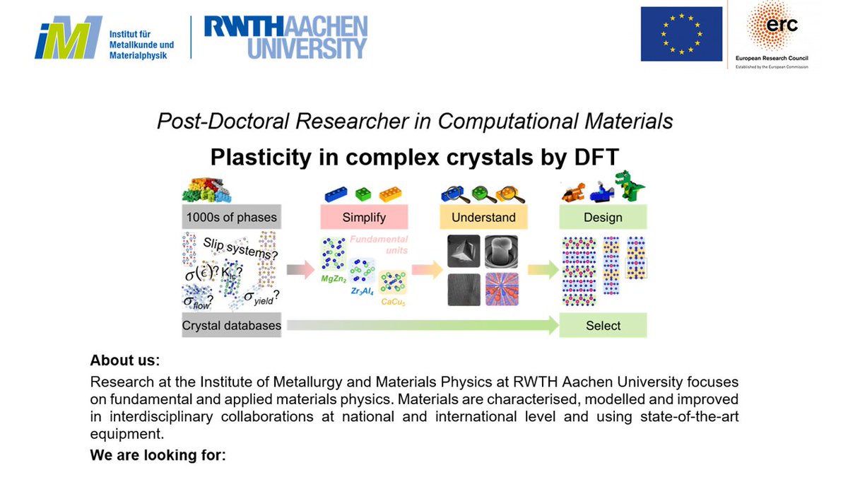 We are looking for new colleagues! There will be 2 post-doc positions (both for 1-3 years) coming up on (1) #DFT to study the plasticity of intermetallic #crystals (full details to be posted on our website soon)