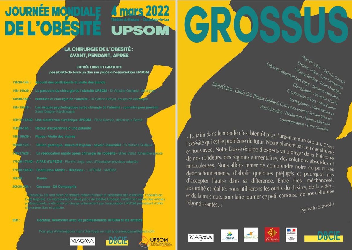 NemoNimes's tweet photo. 4 Mars 2022 : JOURNÉE MONDIALE DE L'OBÉSITÉ.

L'Association Némo participe à cette journée mondiale avec la tenue d'un stand, en collaboration avec l'équipe Upsom de la Clinique du Parc de Castelnau Le Lez.

Voici l'affiche et le flyer de cette journée.

"TOUT LE MONDE DOIT AGIR" https://t.co/8HKG5HqweG