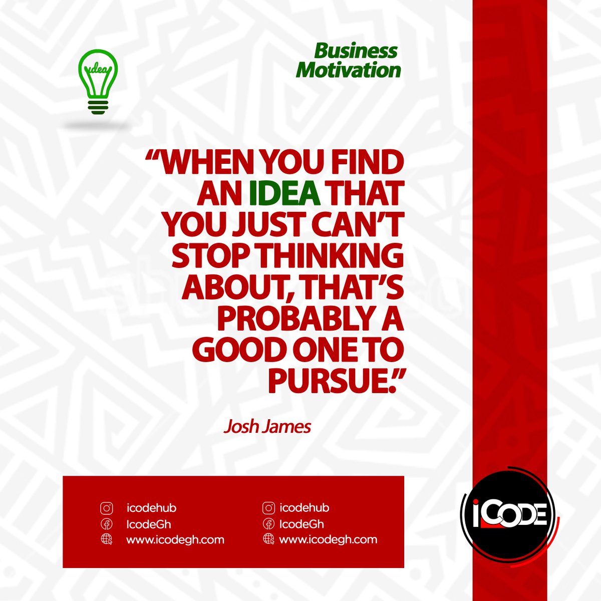 exploregh's tweet image. RT @icodeteam: 𝗕𝘂𝘀𝗶𝗻𝗲𝘀𝘀 𝗠𝗼𝘁𝗶𝘃𝗮𝘁𝗶𝗼𝗻 

“When you find an idea that you just can’t stop thinking about, that’s probably a good one to pursue.” 
— Josh James

#icodegh
#icodeimpact
#takoradi
#ghana
#motivation
#business