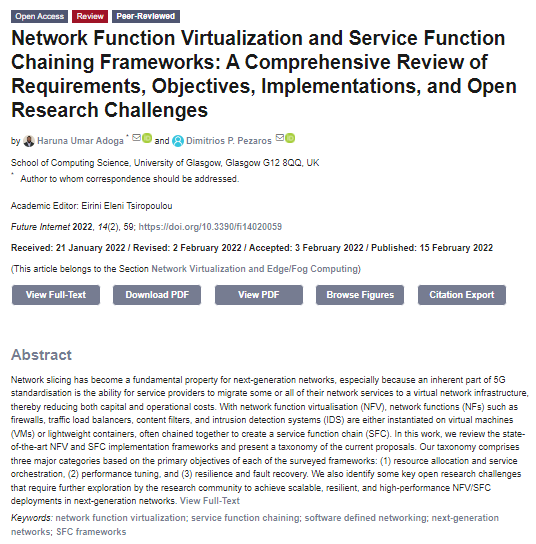 FutureInternet6's tweet image. A new paper published by Dimitrios P. Pezaros et al., UK.
#NetworkFunctionVirtualization and #ServiceFunctionChaining Frameworks: A Comprehensive Review of Requirements, Objectives, Implementations, and Open Research Challenges
mdpi.com/1999-5903/14/2…