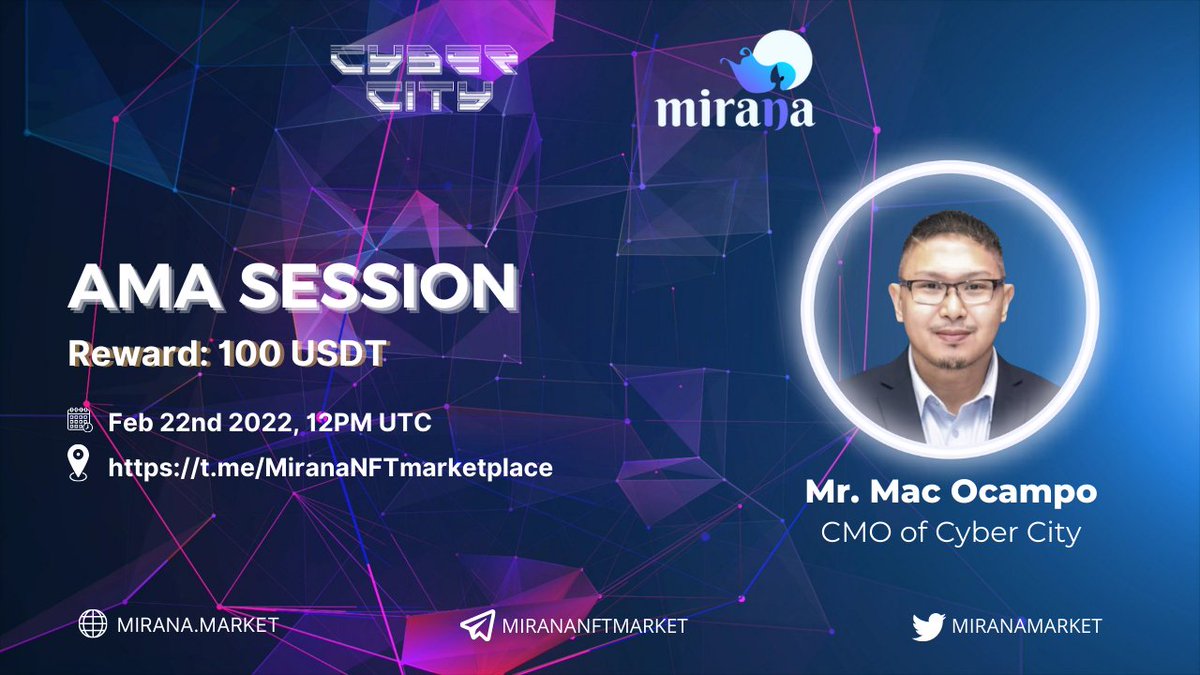 ‼️AMA Session with Cyber City to be rescheduled on Feb 22nd‼️
For your better understanding of Cyber City, the AMA will be rescheduled

⏰Time: 12 PM UTC Feb 22, 2022
💰Total rewards: 100 USDT

👉Ask questions on this tweet
*Note: Questions on the previous tweet are still counted