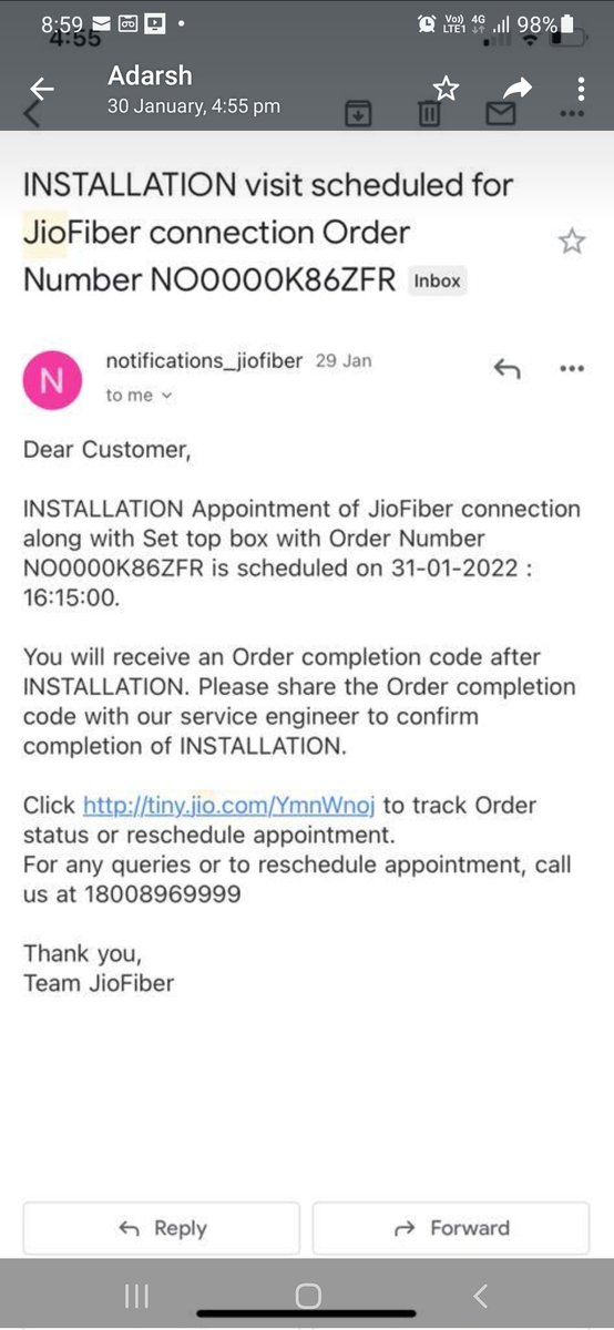 manojx114's tweet photo. @JioGigaFibre i have applied for connection as details enclosed. talk all personal provide local service but till date failed to installation after depositing Full ammount. please help. https://t.co/aFvVL1a5uS
