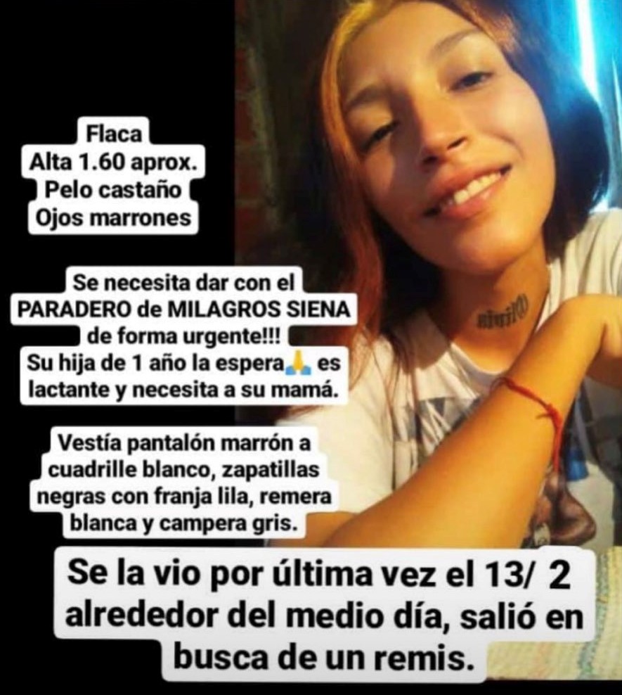 desaparecidaorg's tweet photo. Milagros Siena desapareció el 13/2 en Carcova, José León Suárez, provincia de #BuenosAires. Tiene una beba de 1 año, su familia pide ayuda para encontrarla!. Compartir y si la ven avisar #URGENTE a la policía local, o al ☎️ 911

#SanMartin #JoseLeonSuarez https://t.co/k9GTRIJ1Ai