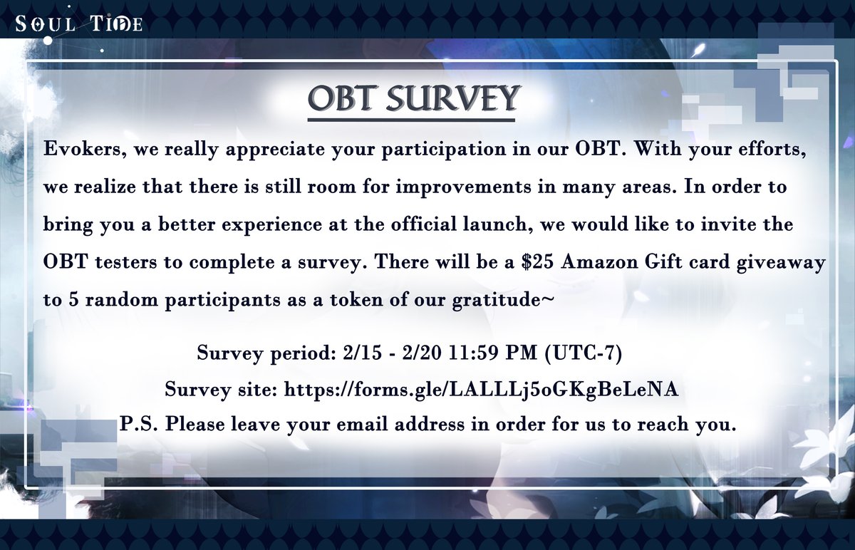 SoulTide's tweet image. In order to bring you a better experience at the official launch, we would like to invite the OBT testers to complete a survey at forms.gle/LALLLj5oGKgBeL…

#SoulTide #LemcnSun #Gacha #MobileGame #AnimeGame #OBT