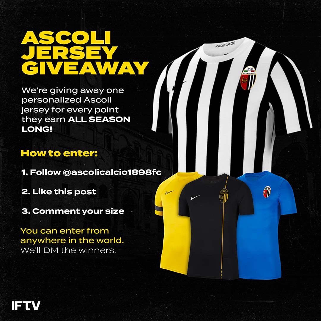 IFTVofficial's tweet photo. JERSEY GIVEAWAY 🚨 

Ascoli take on Benevento tomorrow so the giveaway continues.

We're giving away a personalized jersey for every point Ascoli get this season in Serie B

TO ENTER:

1. Follow @ascolicalciofc 
2. RT this post
3. Reply your size

We will DM the winners 📲 https://t.co/x7MW2RUxbj