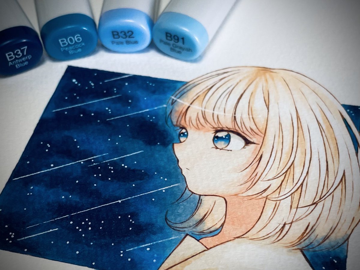 1girl traditional media solo blue eyes bangs star (sky) marker (medium)  illustration images
