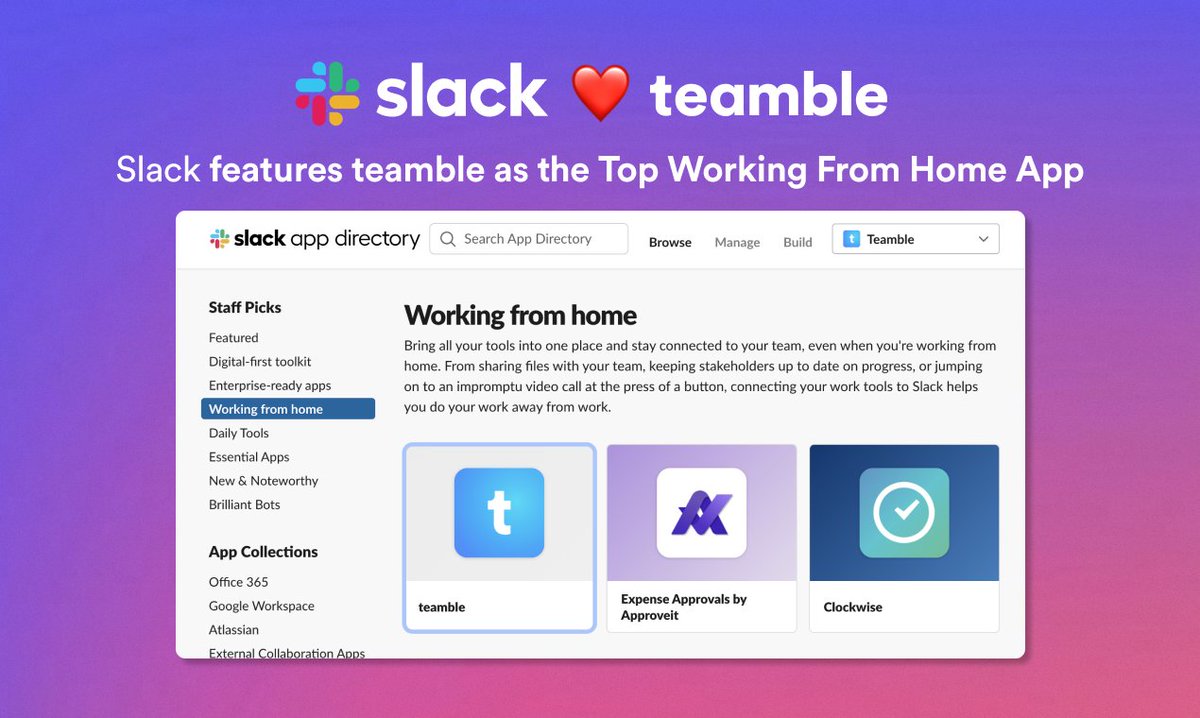 TeambleTeam's tweet photo. 🎉 @SlackHQ  features @TeambleTeam  as the 🥇 Top Working From Home app 🙌

🥰 What a wonderful Valentine's Day gift from @SlackHQ  🏹❤️

#WorkFromAnywhere #remotework #FEATURED #buildinginpublic https://t.co/XycS9YKBYL