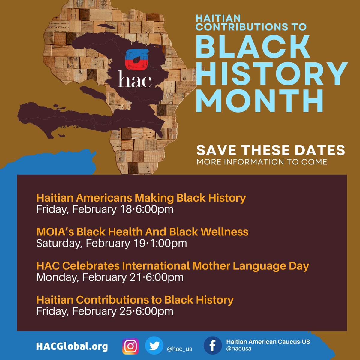 HAC_US's tweet photo. Black History is #AfricanHistory, it's #CaribbeanHistory, it's #HaitianHistory and most importantly, it's OUR History!
Save these dates for the month-long celebrations. Stay tuned. More info to come. ( https://t.co/K9aUdI9UrH )
#HACGlobal #HAC #blackhistorymonth https://t.co/7cUoO794Xw