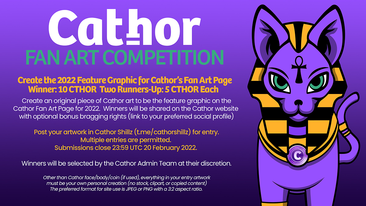 CathorCoin's tweet photo. Contest time! Post your submissions here or on Telegram @cathorshillz prior to 23:59 UTC, 20 Feb 22. You’re also welcome to forward your posts to the main chat at @CathorCoin for extra visibility and discussion.
Good luck, cats! 🍀
$CTHOR #Cathor https://t.co/O0drsTO7hF