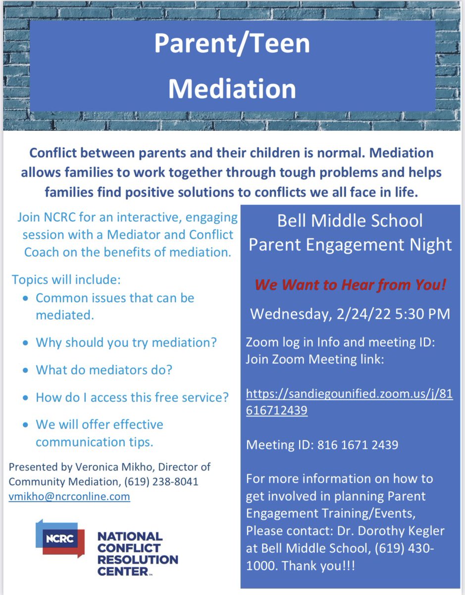 Parent-Teen mediation information session on *Thursday February 24th. A great resource offered for our families!