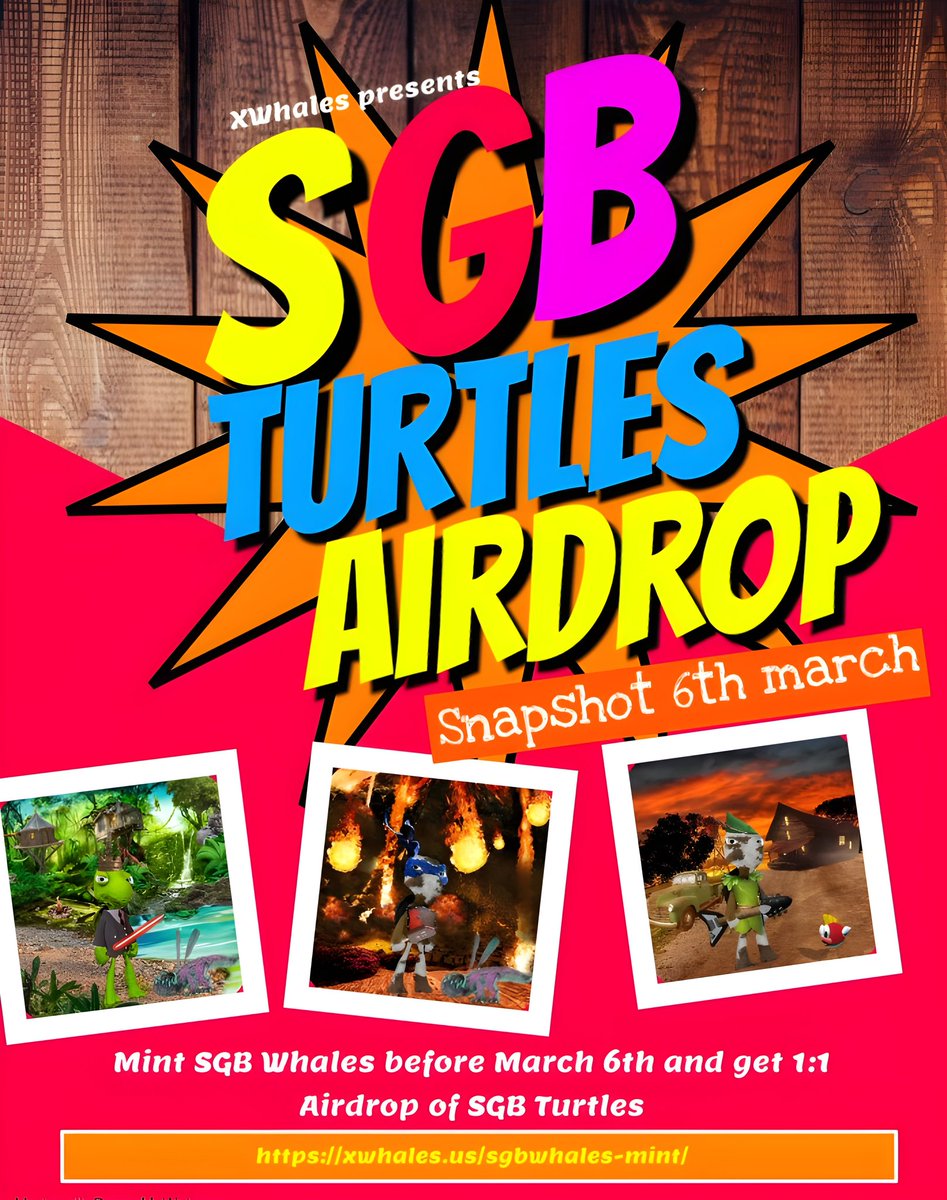 🎁✨ Giveaway ✨🎁

0.25 XWhales to 4 lucky people

🐳Follow @Xwhales21
🐳Like &amp; Retweet to qualify

Mint SGB Whales to secure your SGB Turtle AD >bit.ly/3BnoTgv

Snapshot is on March 6th Mint as much as you can to secure ur 1:1 AD of Turtles.
#xrp  #SGBwhales #SGB