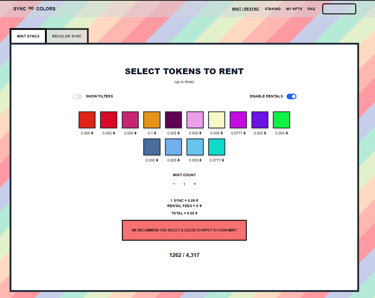 Ya love to see it, the <a href="/syncxcolors/">Sync X Colors NFT Collection</a> has done an amazing job implementing <a href="/TheColorsNFT/">The Colors NFT</a> primitives alongside allowing rentals of colors for those wanting to mint a SYNC but don't own a color.

👉syncxcolors.xyz/mint