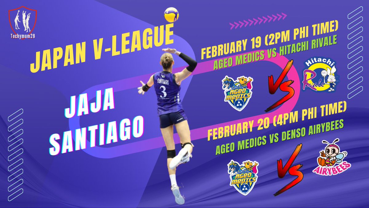 Mommydes28's tweet photo. BACK TO VOLLEYBALL ACTION IN JAPAN V-LEAGUE:
JAJA'S SCHEDULE THIS WEEKEND:
02/19 vs Hitachi rivale @2pm ph time
02/20 vs Denso airybees @4pm ph time
@alyjasantiago03
#JajaSantiago
#JapanVleague
#AgeoMedics
#Techymum28
Live Streaming: https://t.co/qWgOcxF3Zx https://t.co/fkg6cjIZbb