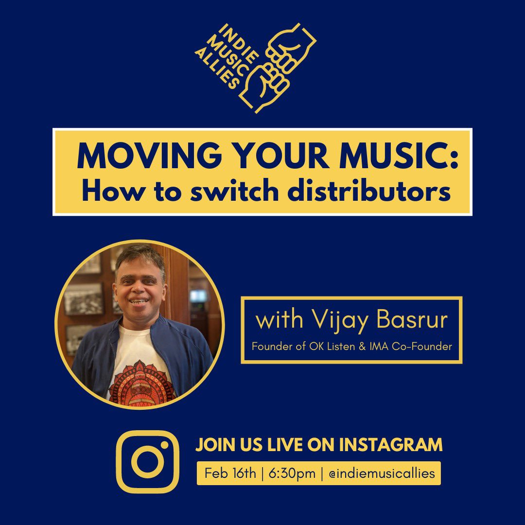 Doing an Insta Live this evening with <a href="/indiemusicalli/">indiemusicallies</a> with <a href="/shaunfanthome/">Shaun Fanthome</a> as the host. A lot of musicians have questions about moving across digital distributors. We'll help answer them. Join in at 6:30 
Spread the word with your musician friends
