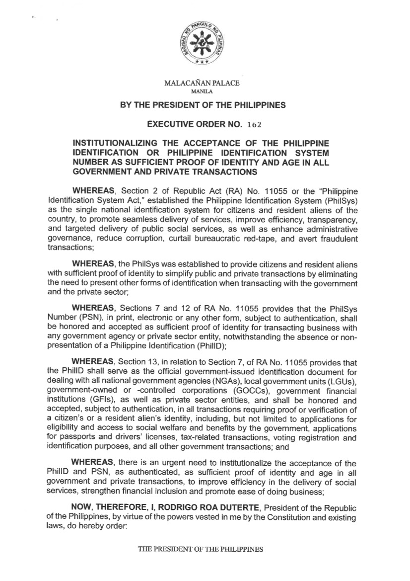 PTVph's tweet photo. NEWS UPDATE: Nilagdaan na ni Pangulong Rodrigo Roa Duterte ang EO No. 162 na nagsasaad ng pagtanggap sa National ID at PhilSys bilang sapat na proof of identification at opisyal na government-issued identification document sa lahat ng public at private transactions sa bansa. https://t.co/MrcdjXp51M
