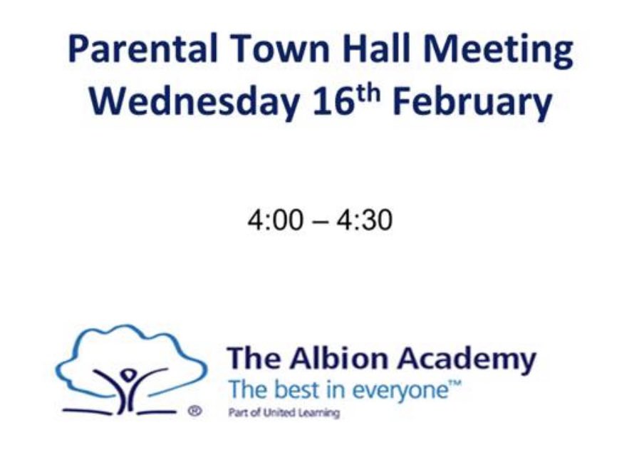 Good morning parents/careers. We will be hosting our live Town Hall meeting this afternoon from 4:00-4:30. Please use the link below to access the event.   bit.ly/aapthm <a href="/AlbionAcademy/">The Albion Academy</a>