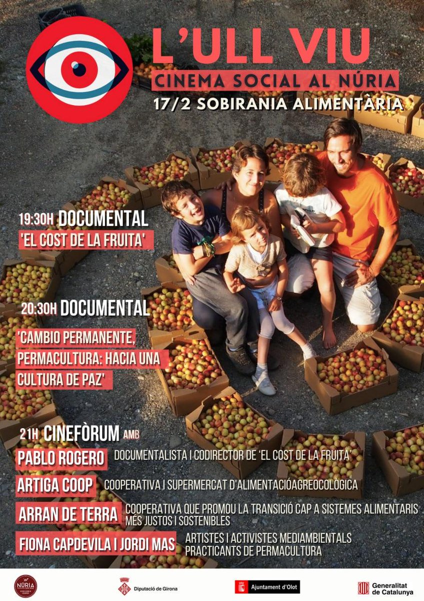 Demà hi serem a <a href="/OlotNuriasocial/">Núria Social</a>, molt ben acompanyades de <a href="/PabloRogero/">Pablo Rogero San José</a>, <a href="/Artigacoop/">L'ARTIGA</a>, Fiona Capdevila i Jordi Mas per participar en el cinefòrum que es farà sobre Sobirania Alimentària, per parlar dels impactes socials i laborals de l'agricultura industrial i les alternatives