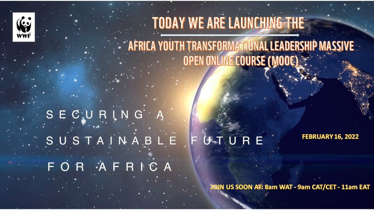Join us today as we launch the Africa Youth Leadership free Massive Open Online Course. wwf.zoom.us/webinar/regist…. #Sustainability, #SDGs, #PostCovidAfrica, #Green&JustRecovery, #Conservation, #Accountable&ValueBasedLeadership,#OneHealthApproach