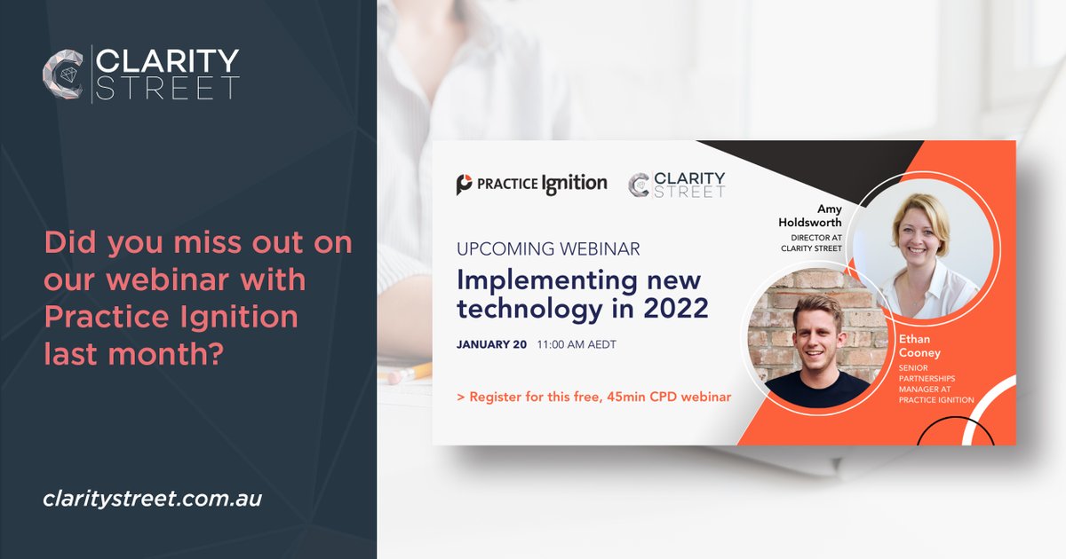 clarity_street's tweet image. 👋 Did you miss out on our webinar with @ignitionapp last month?

Watch a recording of the webinar here: bit.ly/32NZr3g

#claritystreet #practiceignition #webinar #cloudtechnology